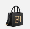 Black small tote bag with gold plaque