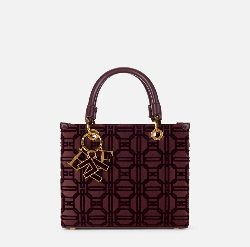 Burgundy velvet print shopper bag