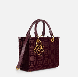 Burgundy velvet print shopper bag