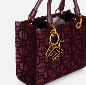 Burgundy velvet print shopper bag