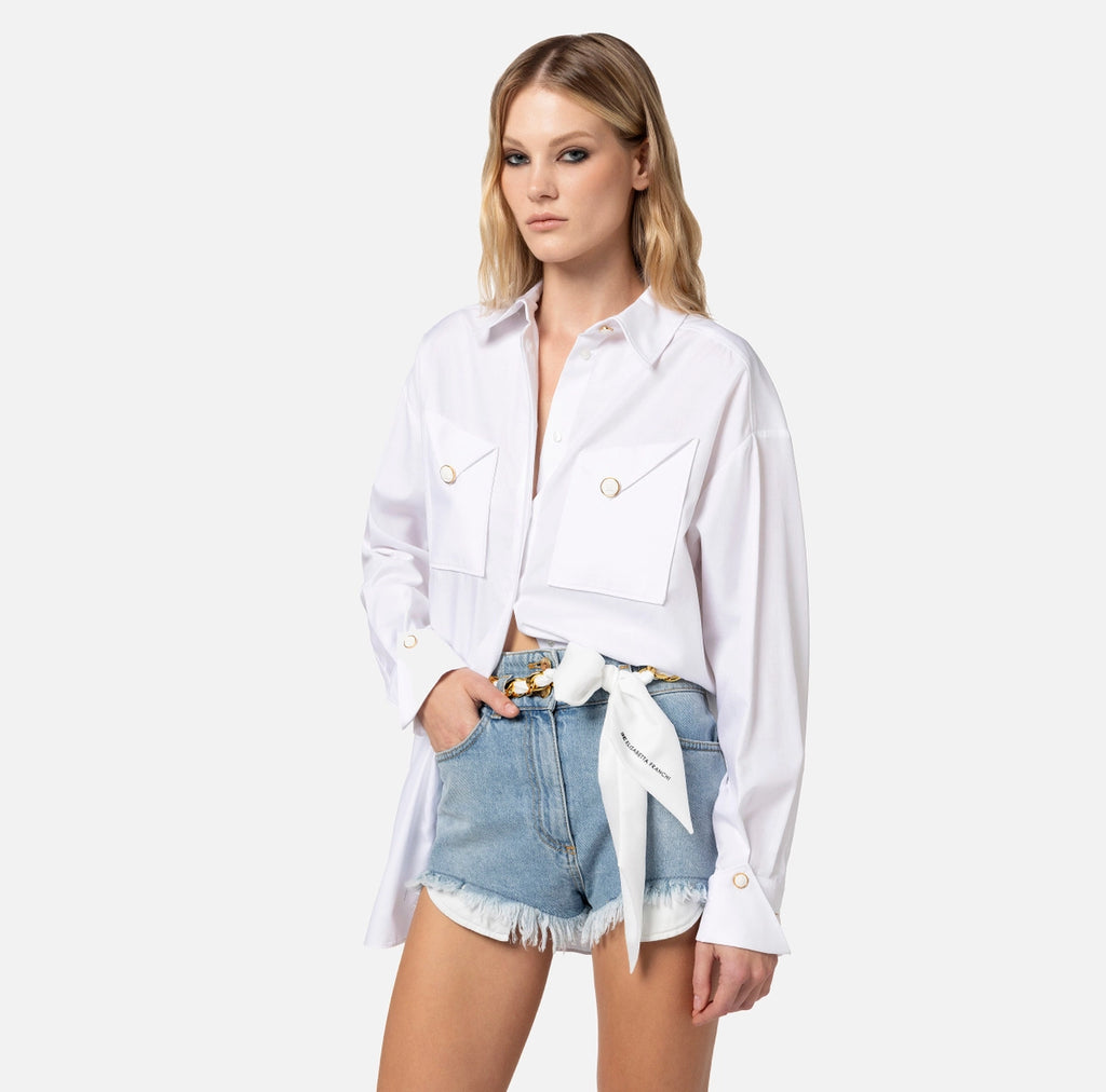 White cotton poplin shirt with pockets