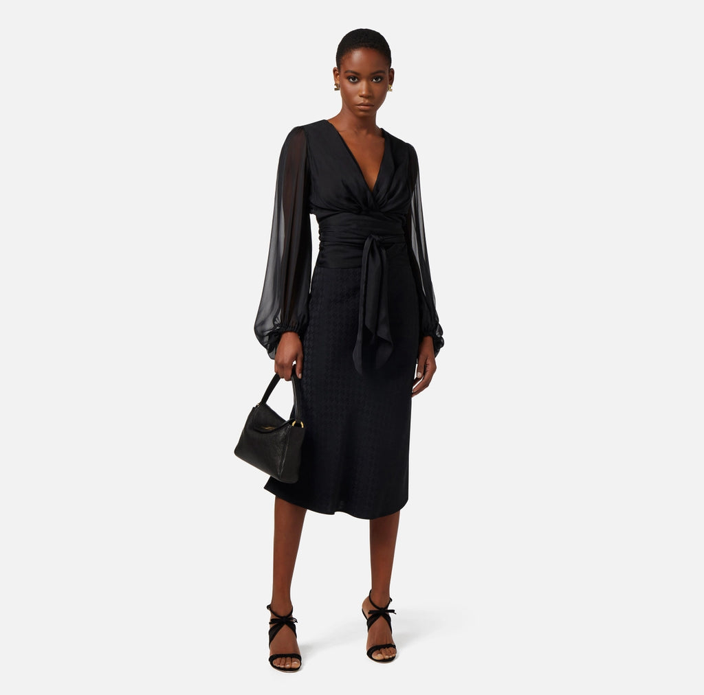 Black silk voile blouse with sash belt