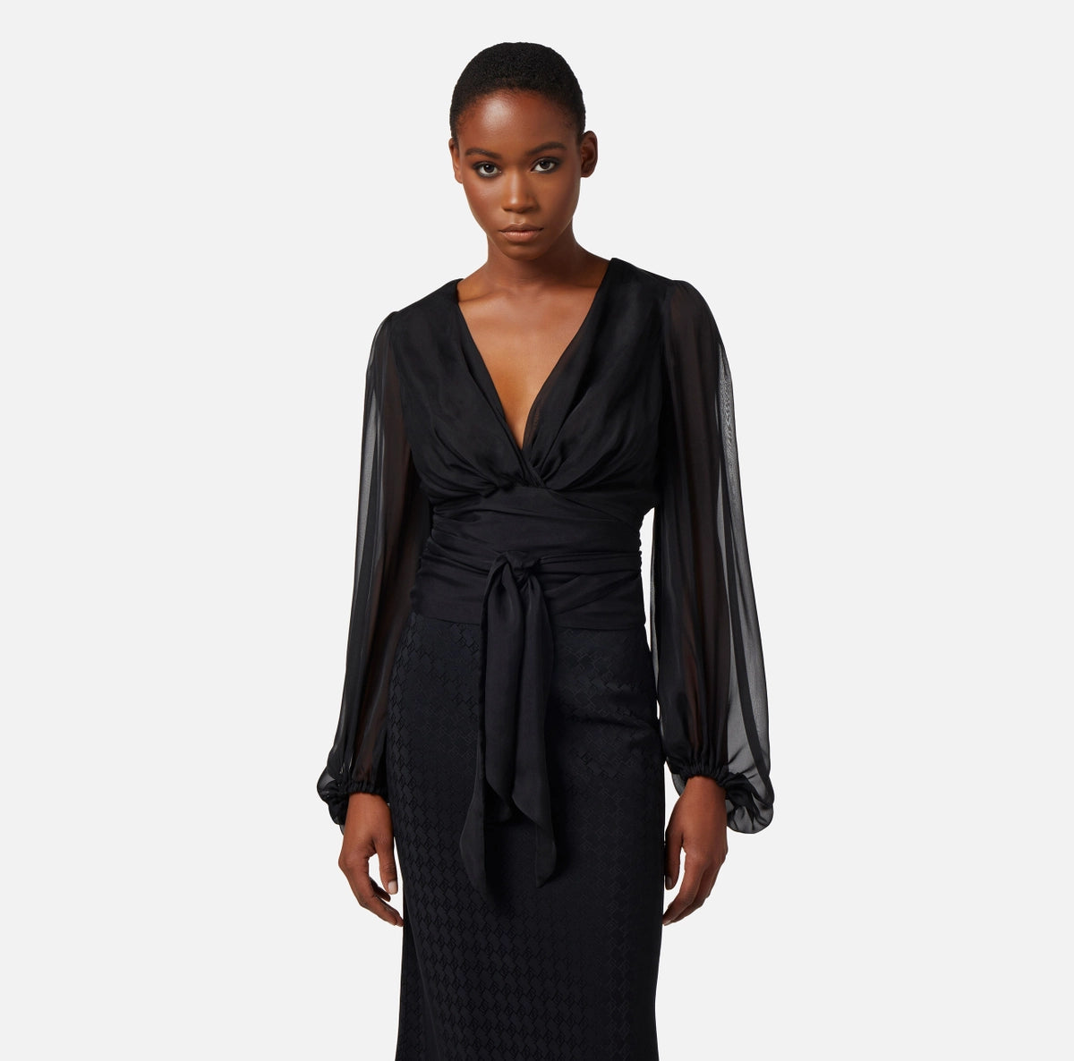 Black silk voile blouse with sash belt