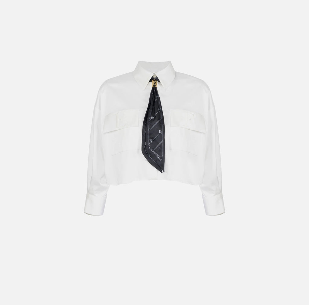 White cropped stretch satin top with tie