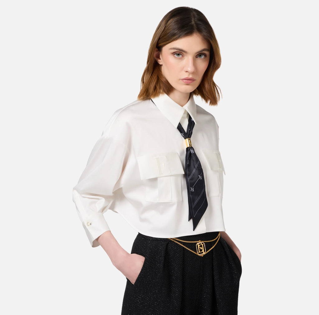 White cropped stretch satin top with tie