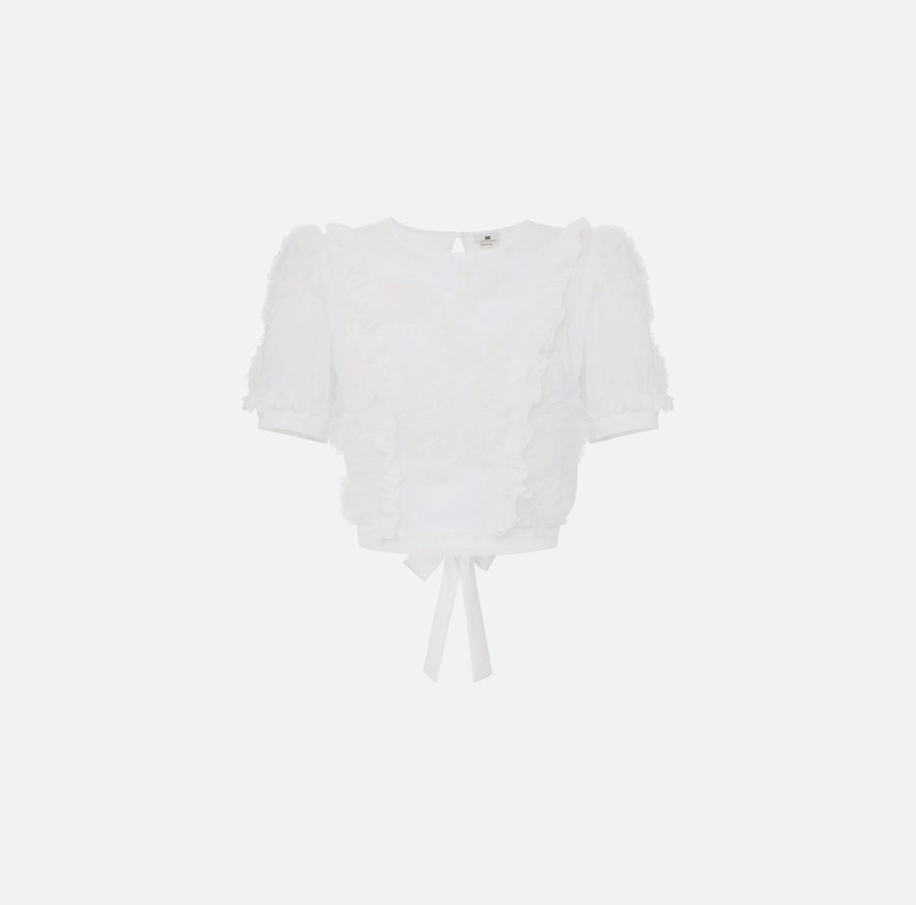 White short sleeve open back embroidered blouse