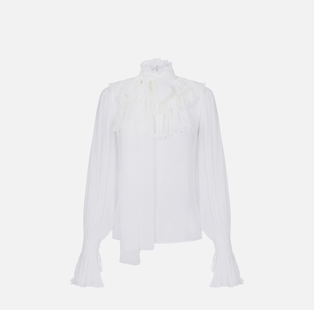 Ivory georgette blouse with a bow sash