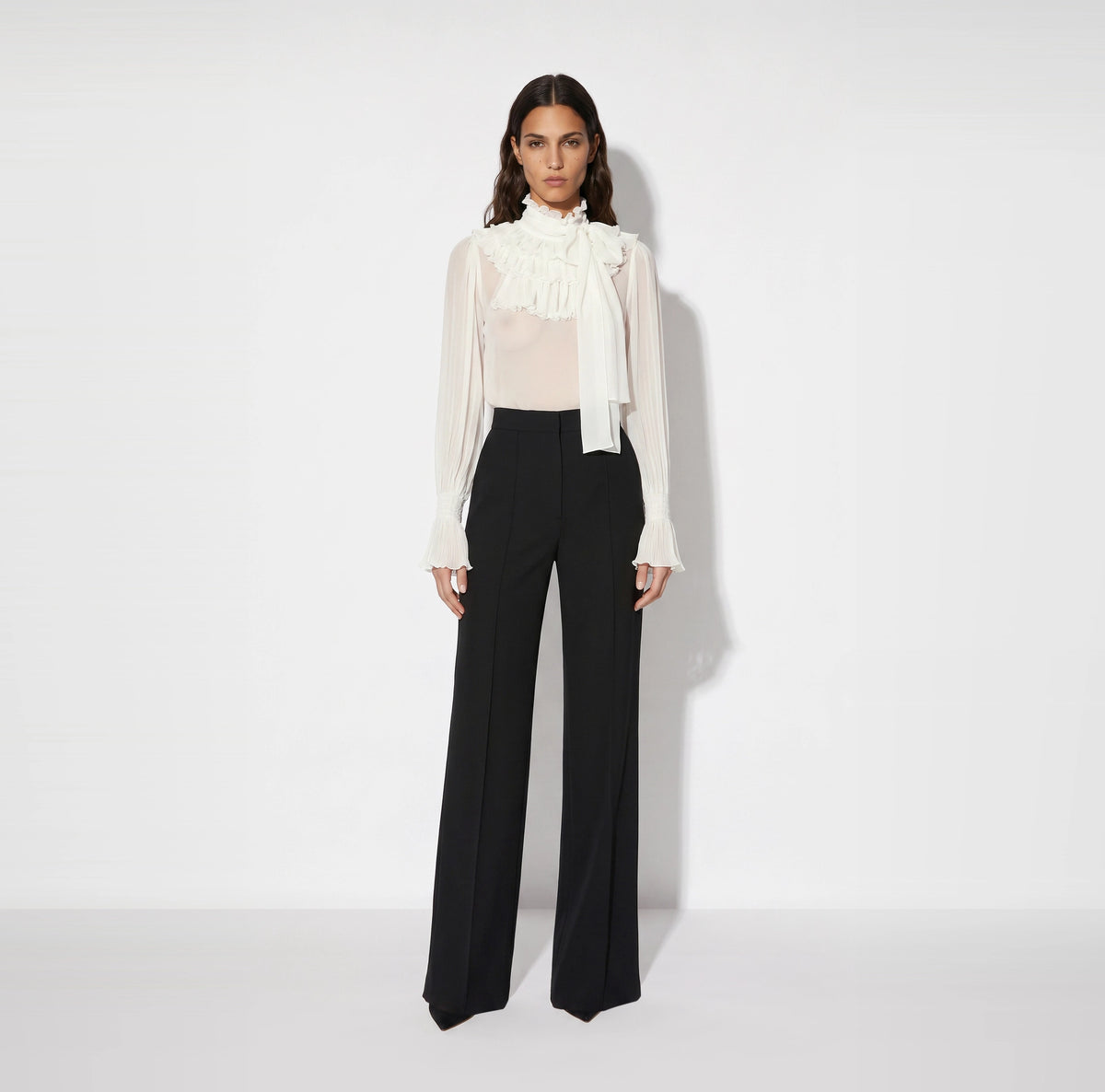 Ivory georgette blouse with a bow sash