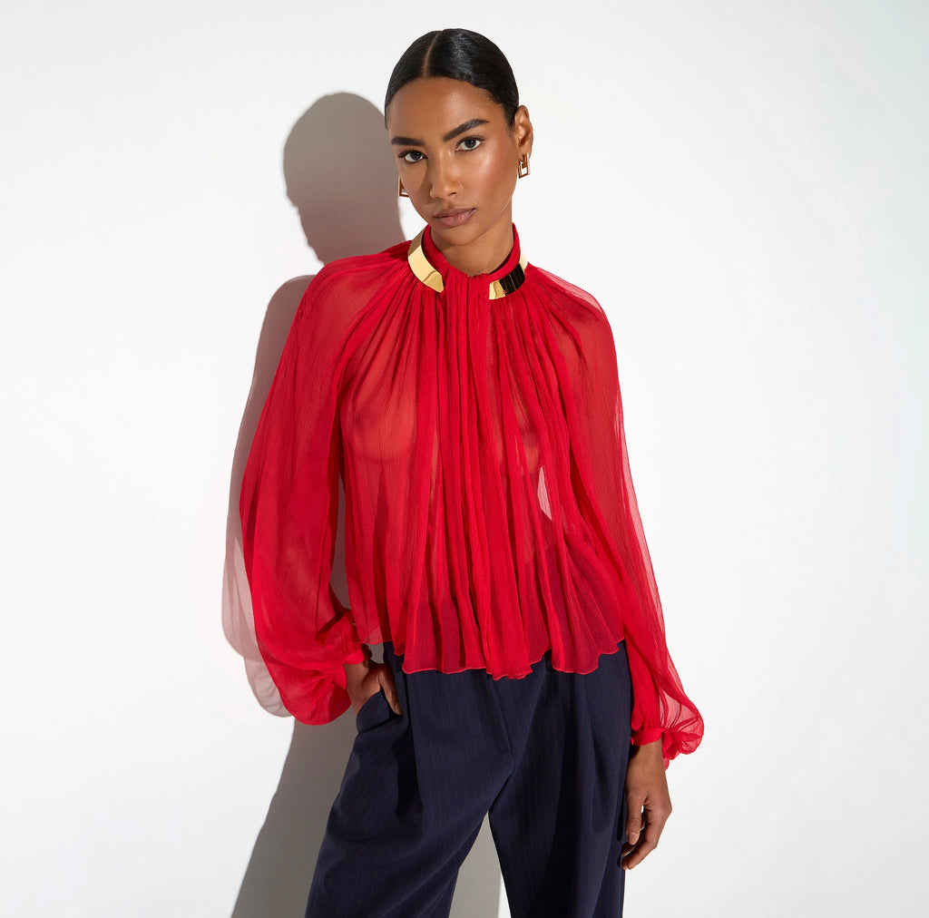 Red chiffon blouse with gold collar