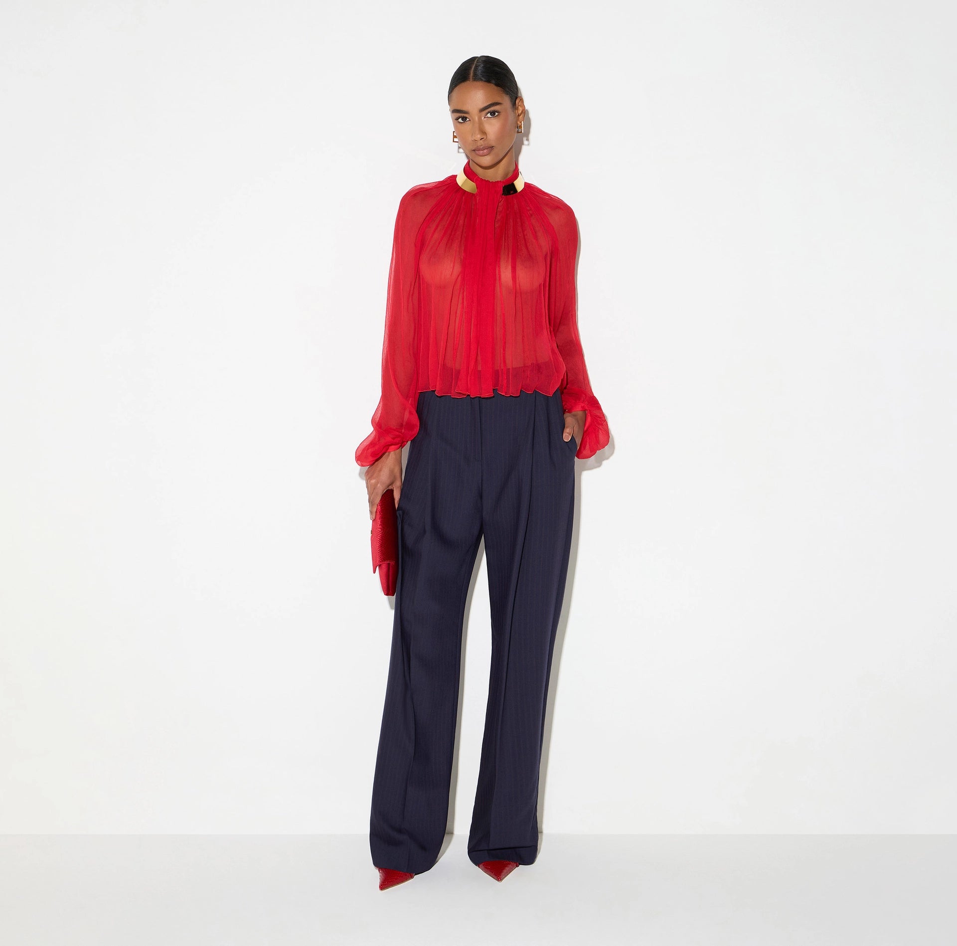 Red chiffon blouse with gold collar
