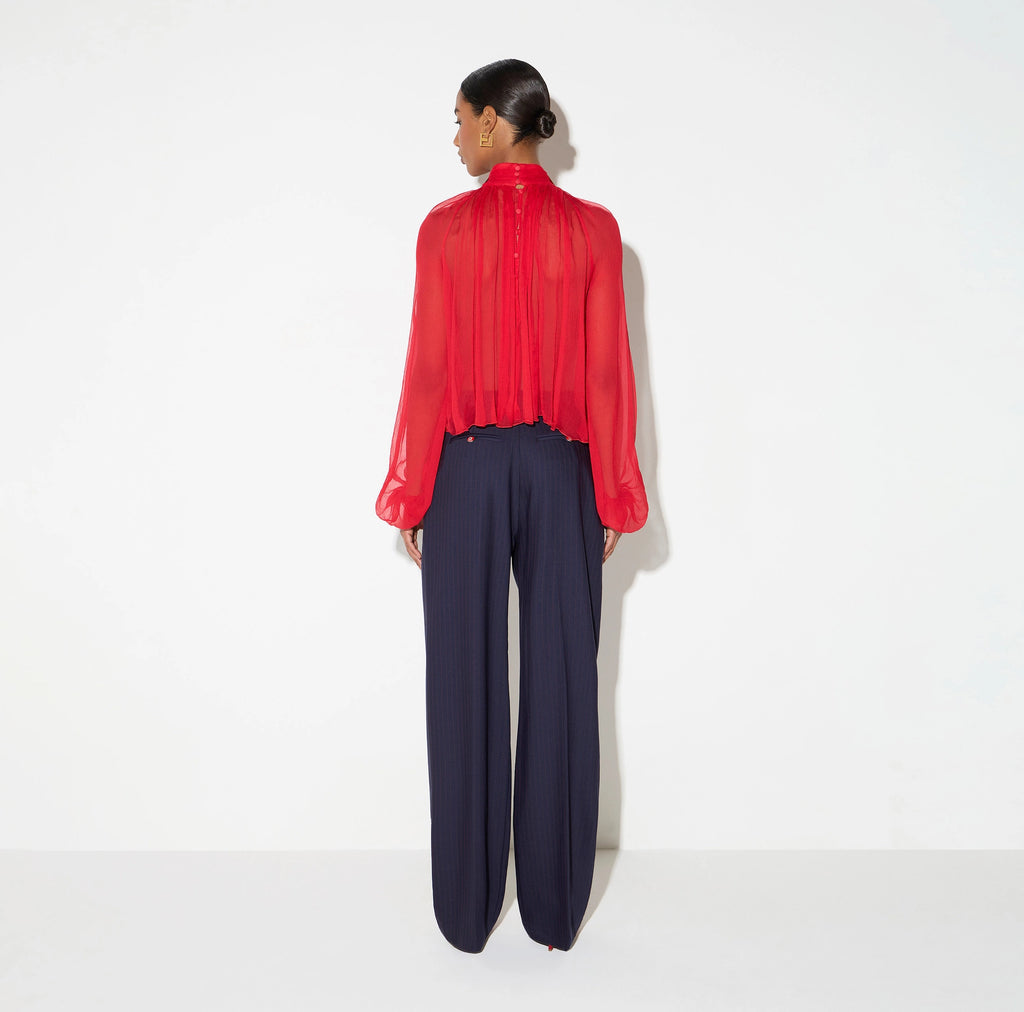 Red chiffon blouse with gold collar