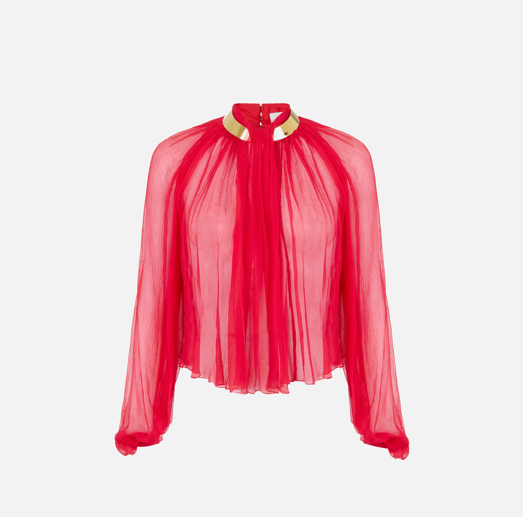 Red chiffon blouse with gold collar