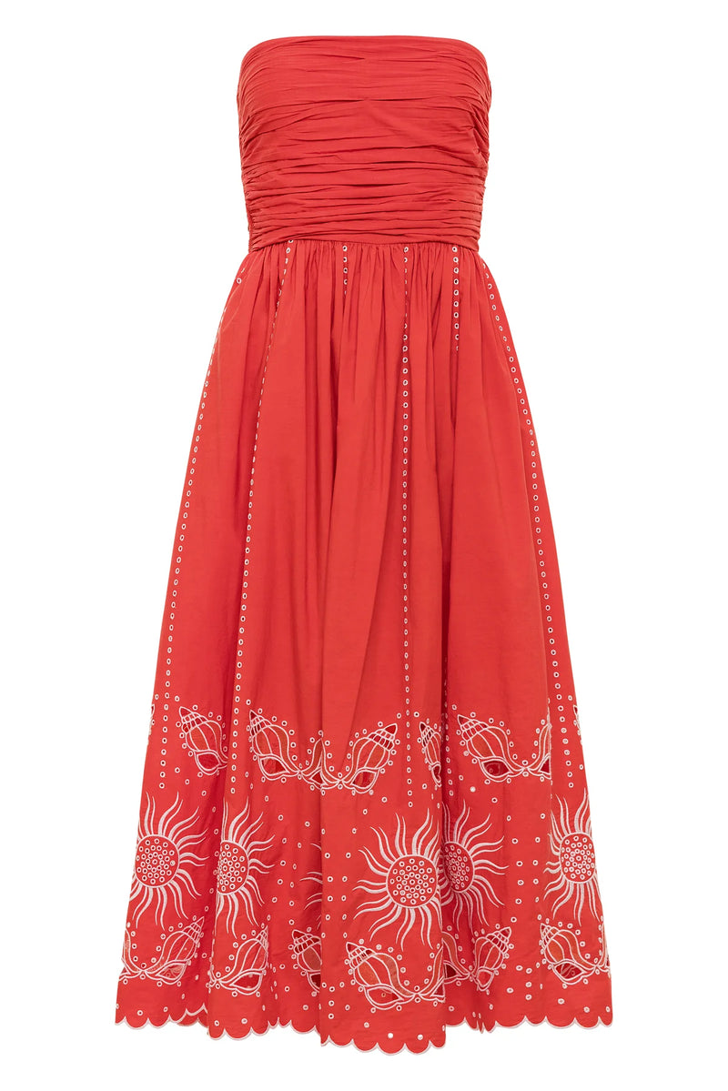 Red strapless cotton embroidered Mana dress