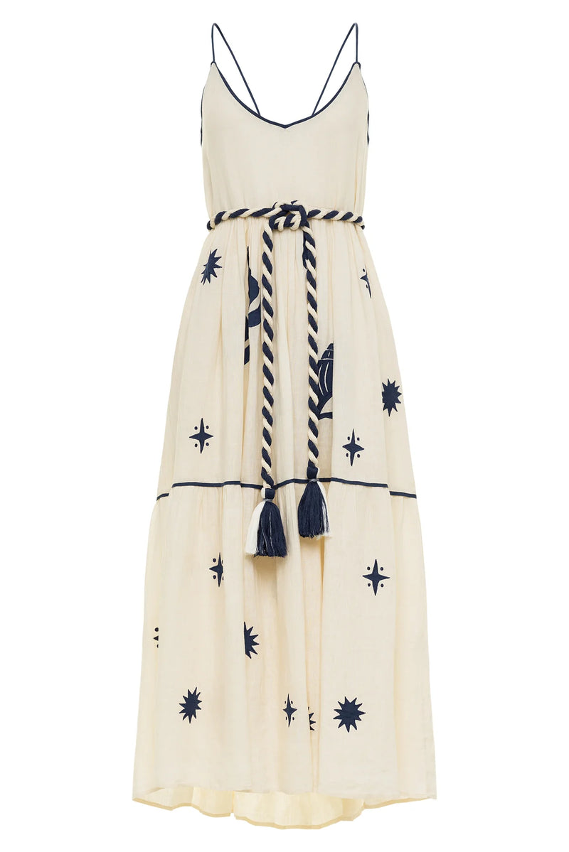 Ivory navy embroidered maxi linen dress with belt