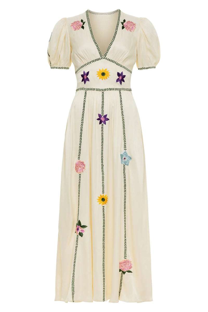 Ivory embroidered flowers maxi Creta dress