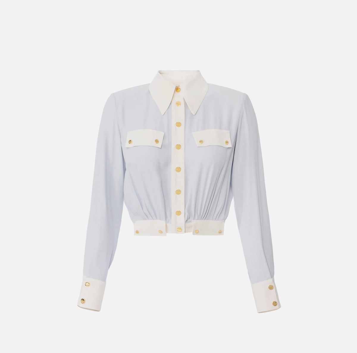 Baby blue short blouse with ivory trimmings