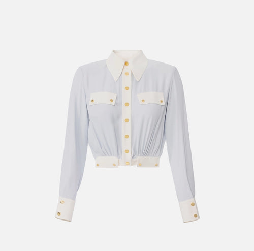 Baby blue short blouse with ivory trimmings