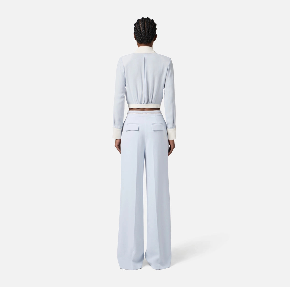 Baby blue short blouse with ivory trimmings