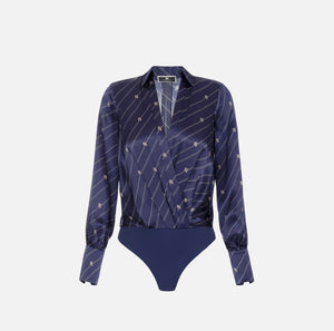 Navy satin print blousy bodysuit