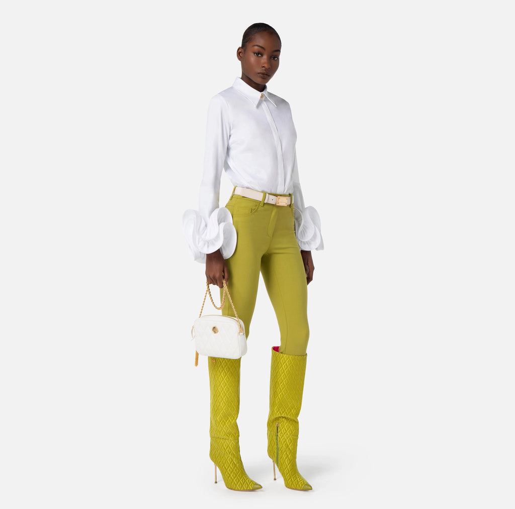 White satin body shirt with ruffled sleeves