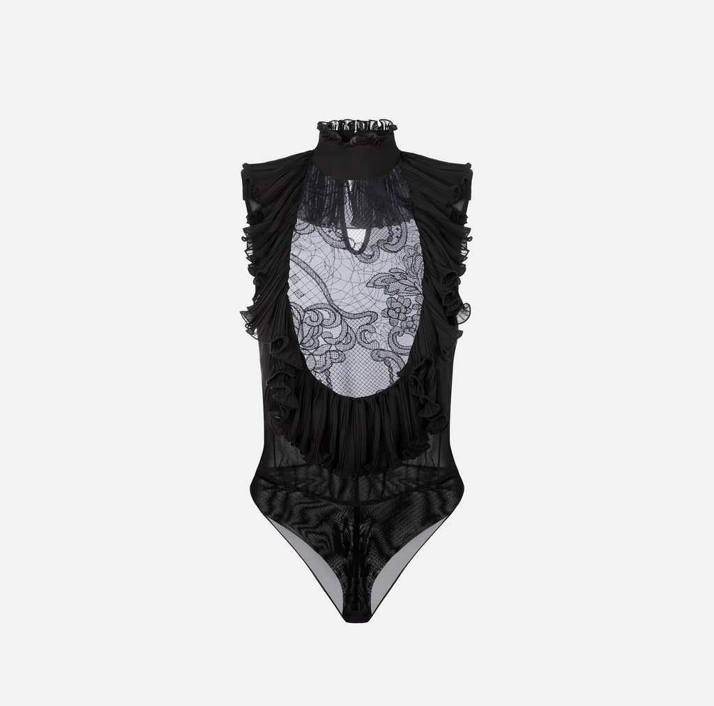 Black sleeveless bodysuit in lace and georgette