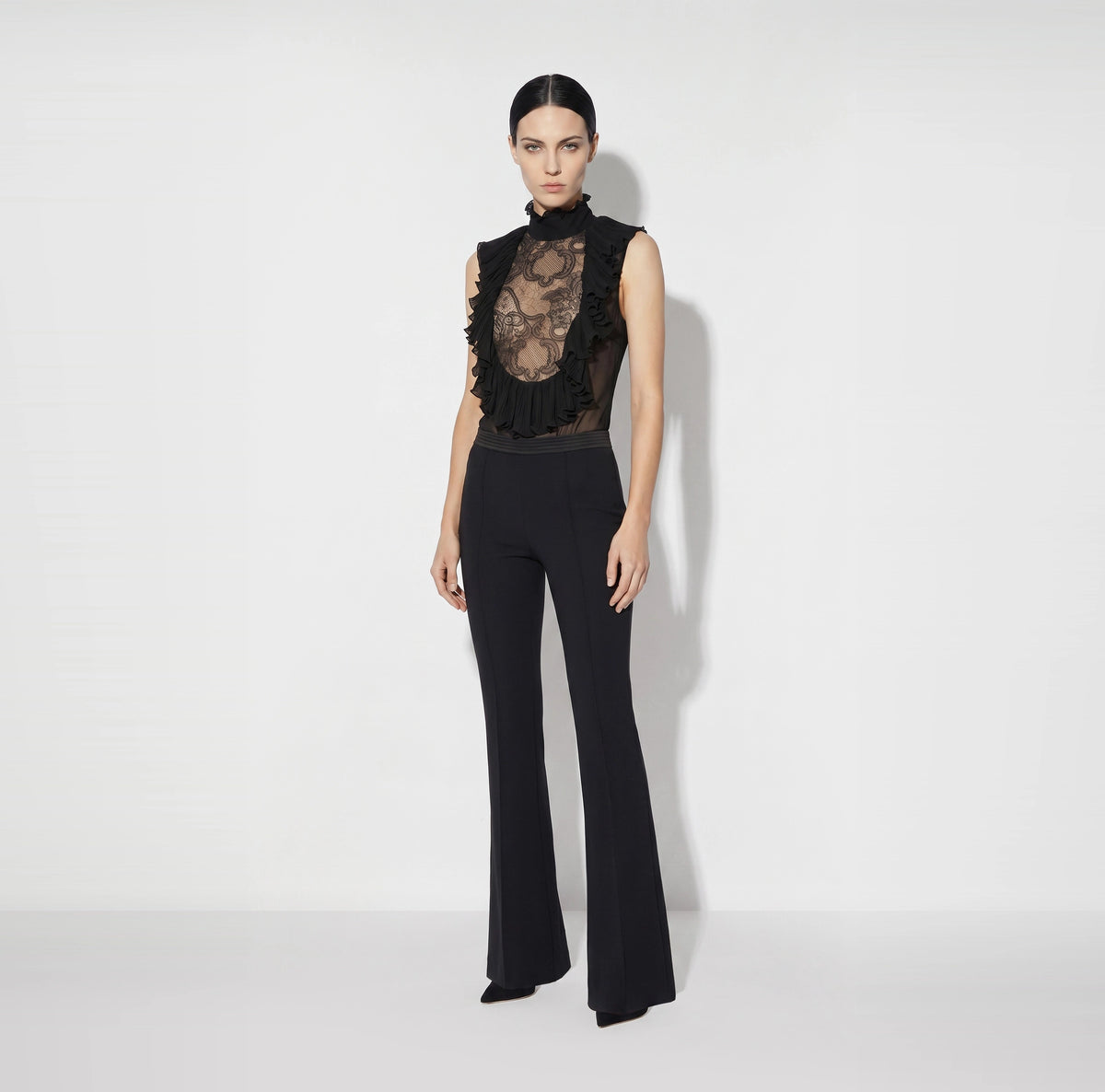 Black sleeveless bodysuit in lace and georgette