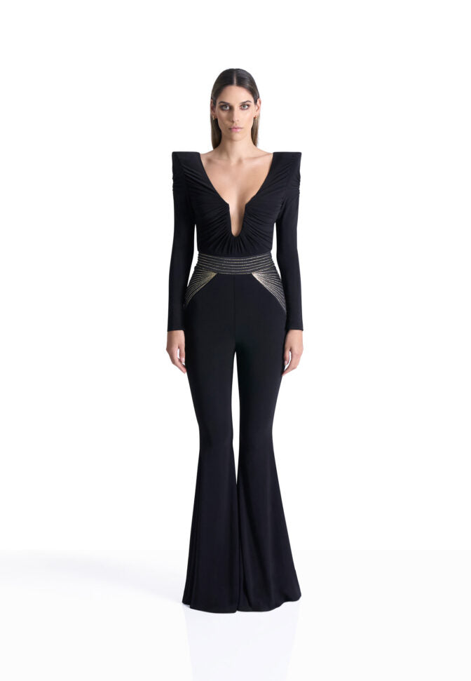 Black jersey jumpsuit with gold stitched bodice