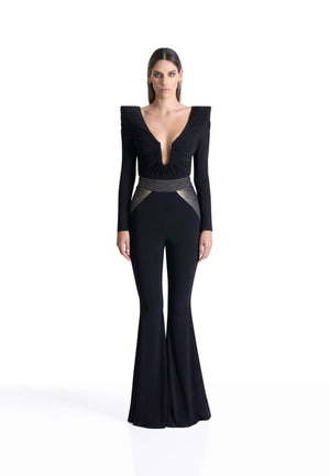 Black jersey jumpsuit with gold stitched bodice