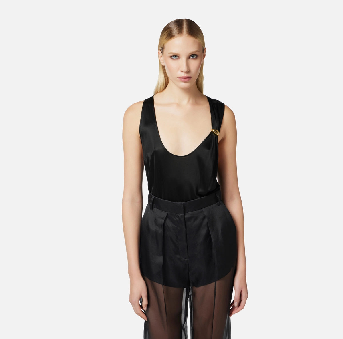 Black jersey top with gold embelishment