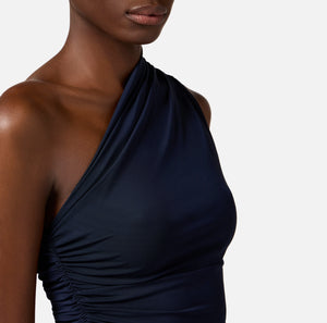 Navy one shoulder jersey top