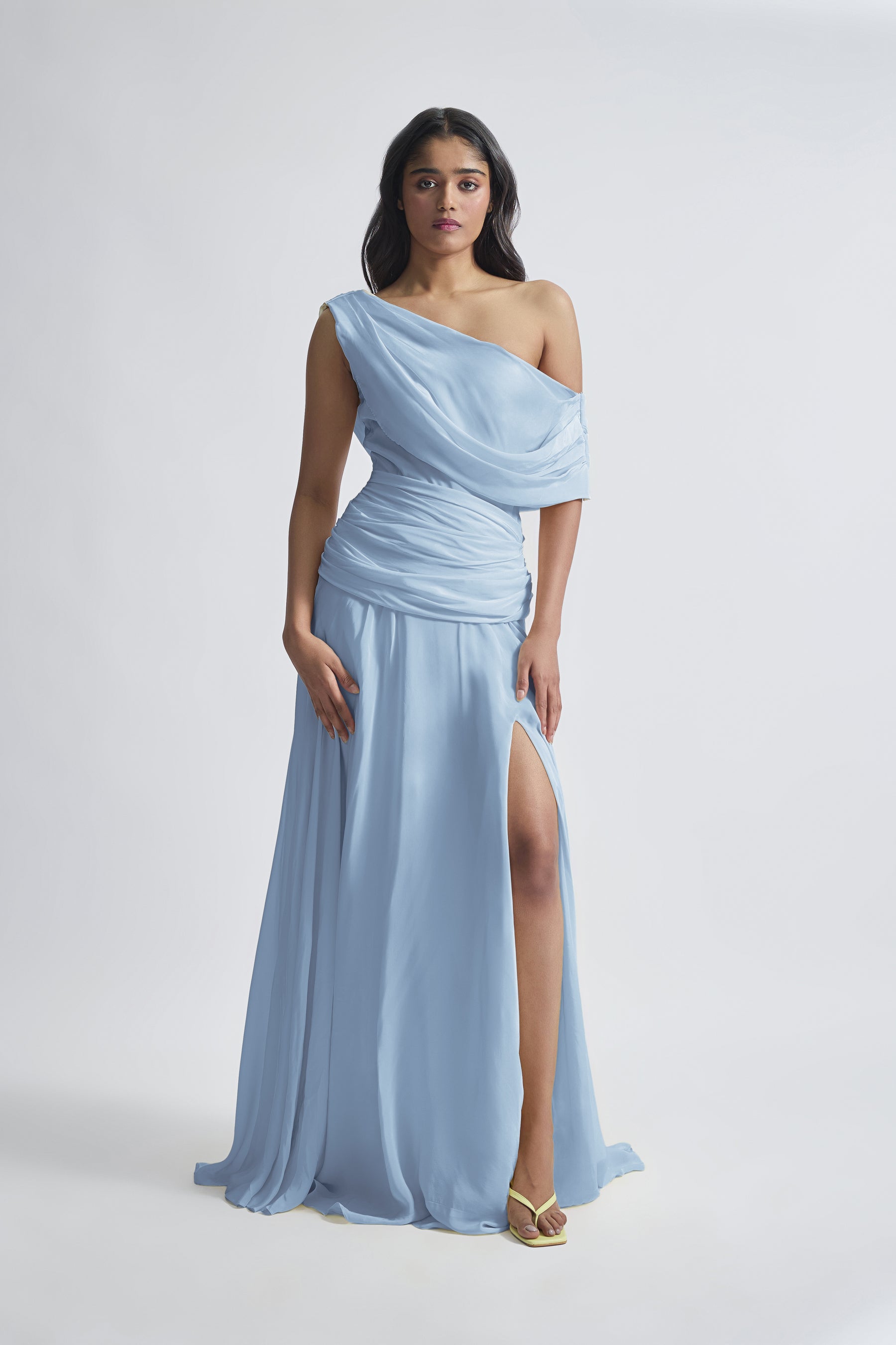 Baby Blue Gemma flowy off shoulder long dress