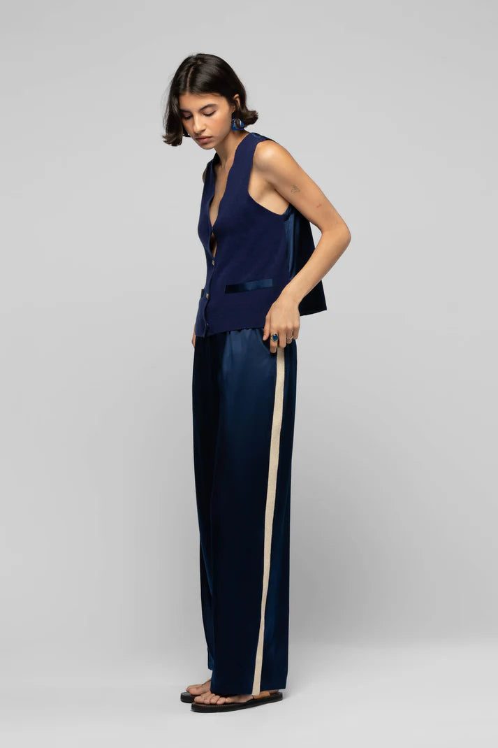 Navy silk pants with cashmere side stripes