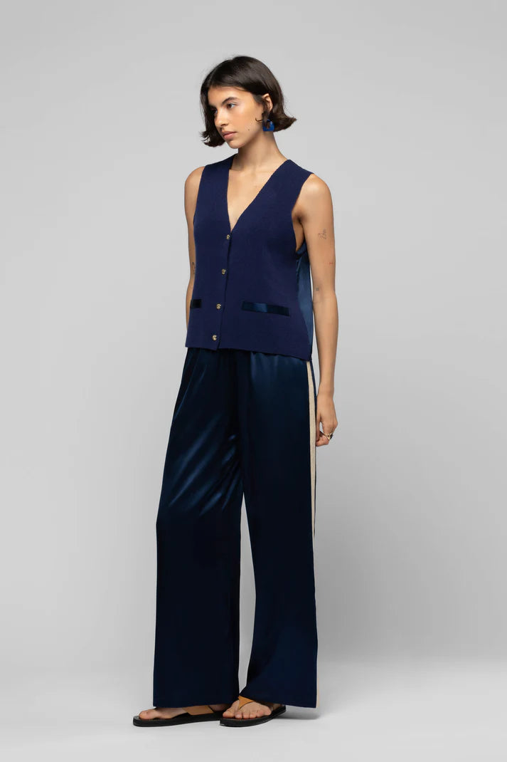 Navy silk pants with cashmere side stripes