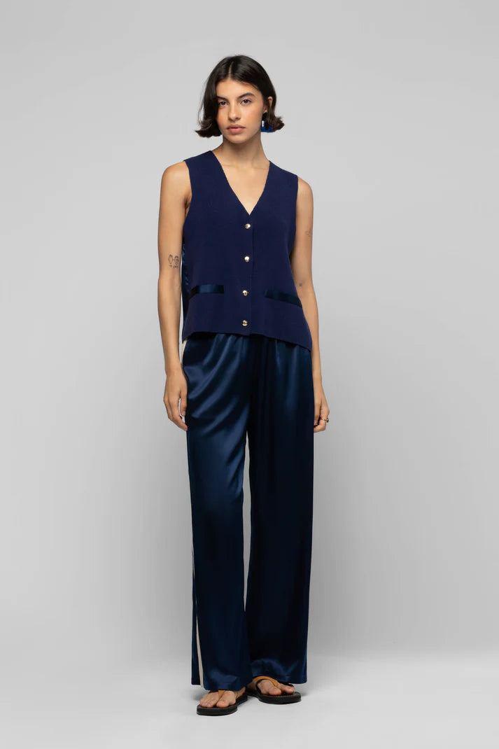 Navy silk pants with cashmere side stripes