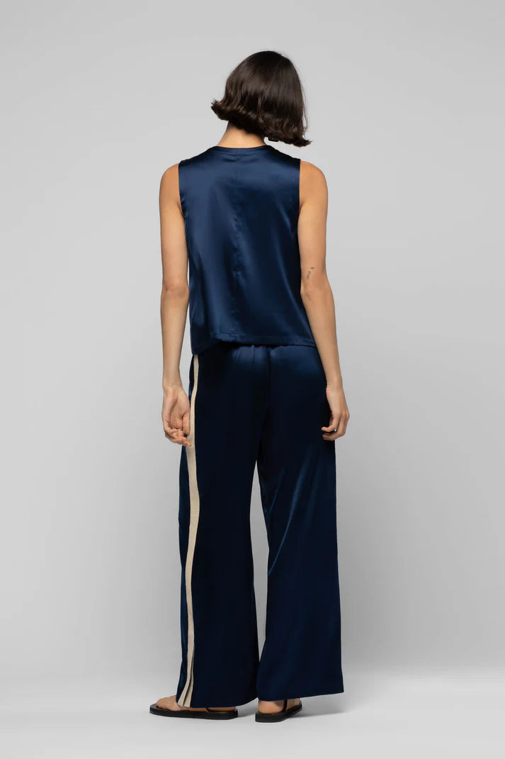 Navy silk pants with cashmere side stripes