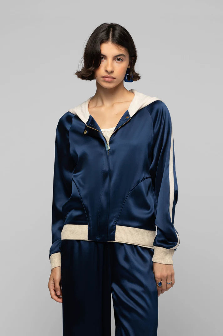 Navy silk cashmere trimming cardigan jacket