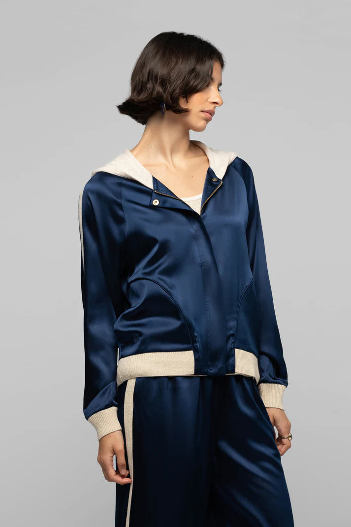 Navy silk cashmere trimming cardigan jacket