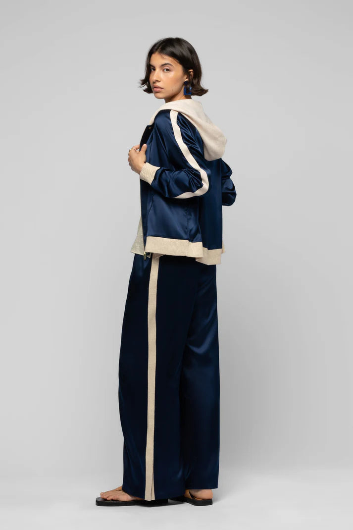 Navy silk cashmere trimming cardigan jacket