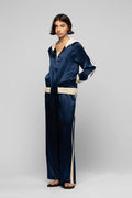 Navy silk cashmere trimming cardigan jacket