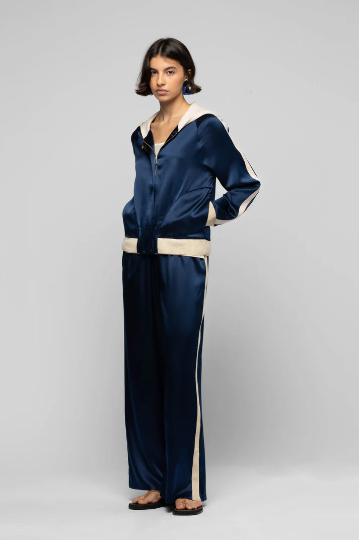 Navy silk cashmere trimming cardigan jacket