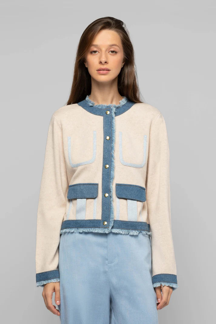 Tan and denim short jacket with fringe trim