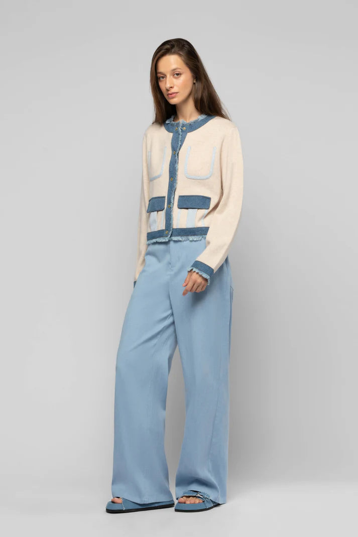 Tan and denim short jacket with fringe trim