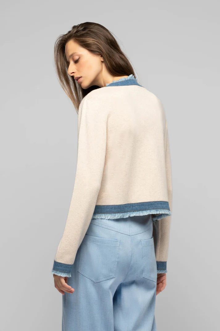 Tan and denim short jacket with fringe trim