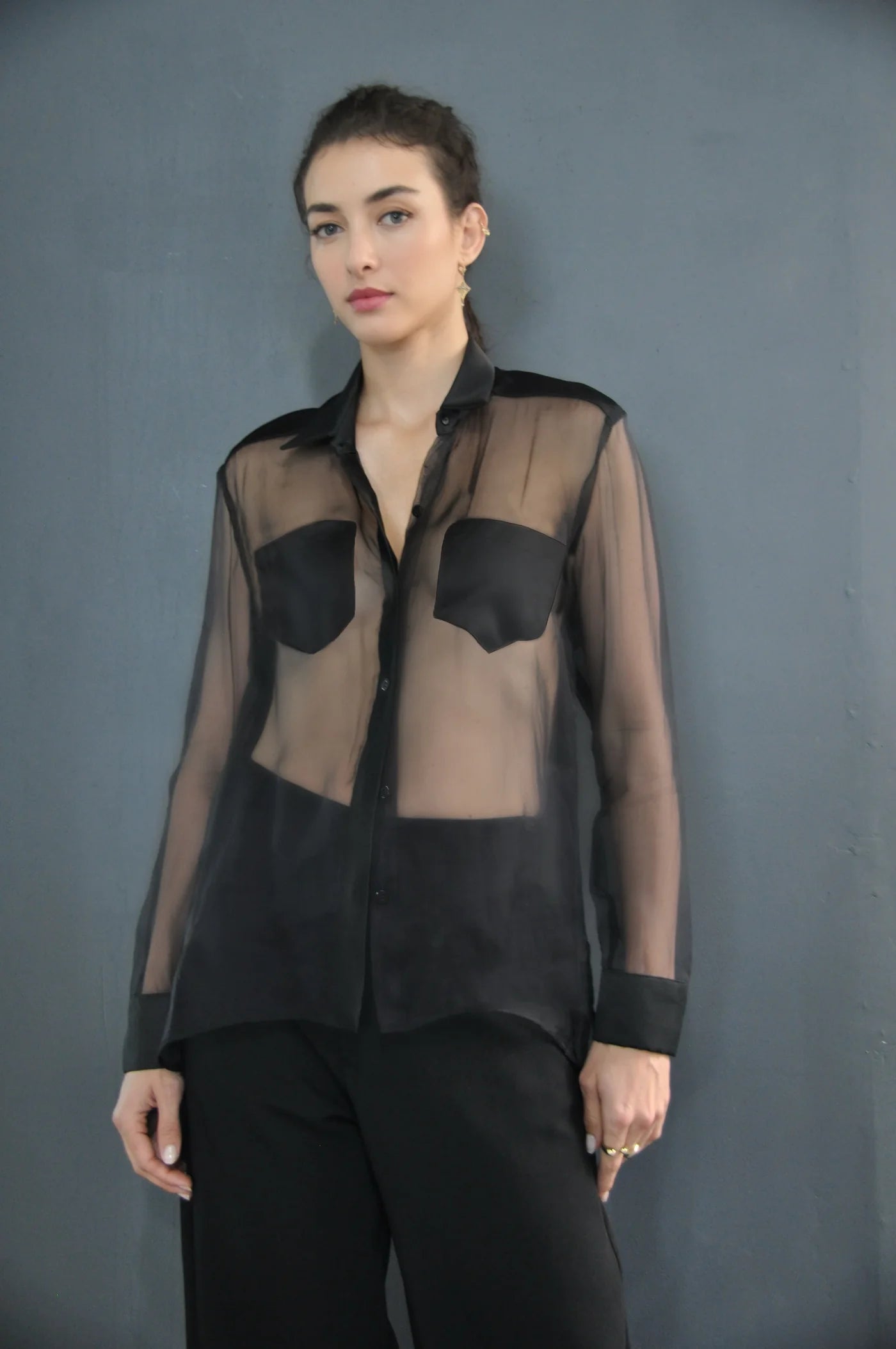 Black organza tuxedo blouse