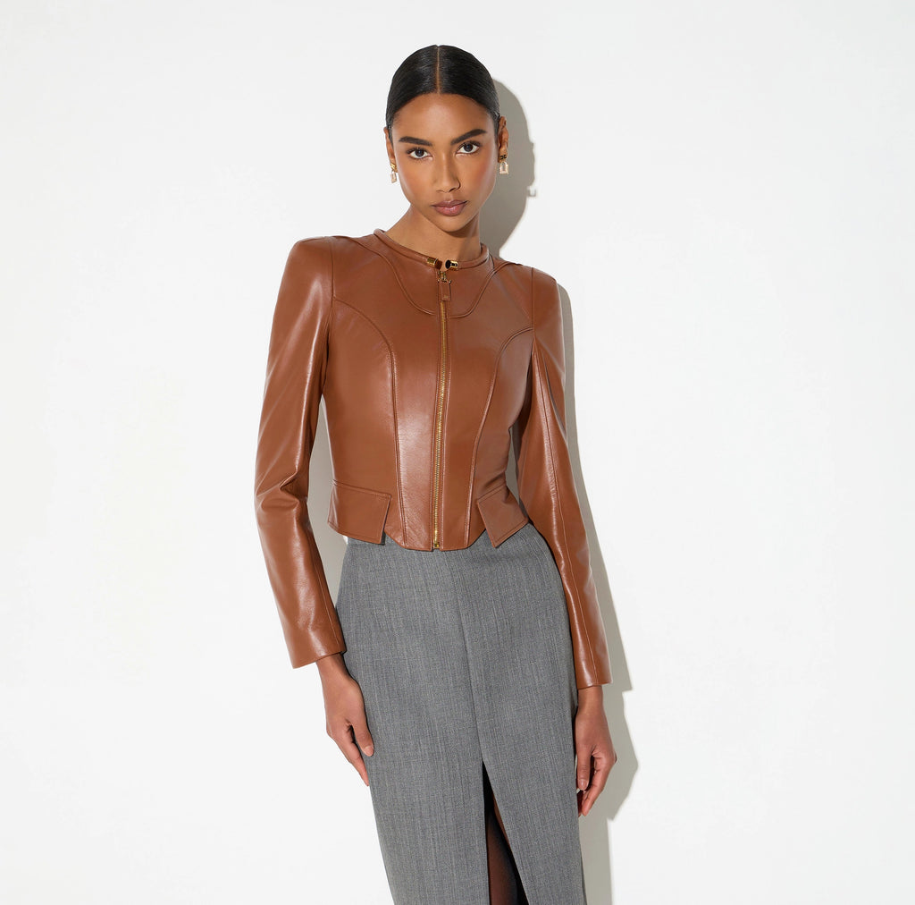 Brown leather short jacket
