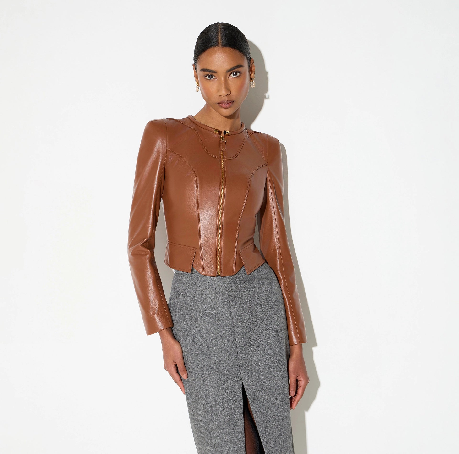 Brown leather short jacket