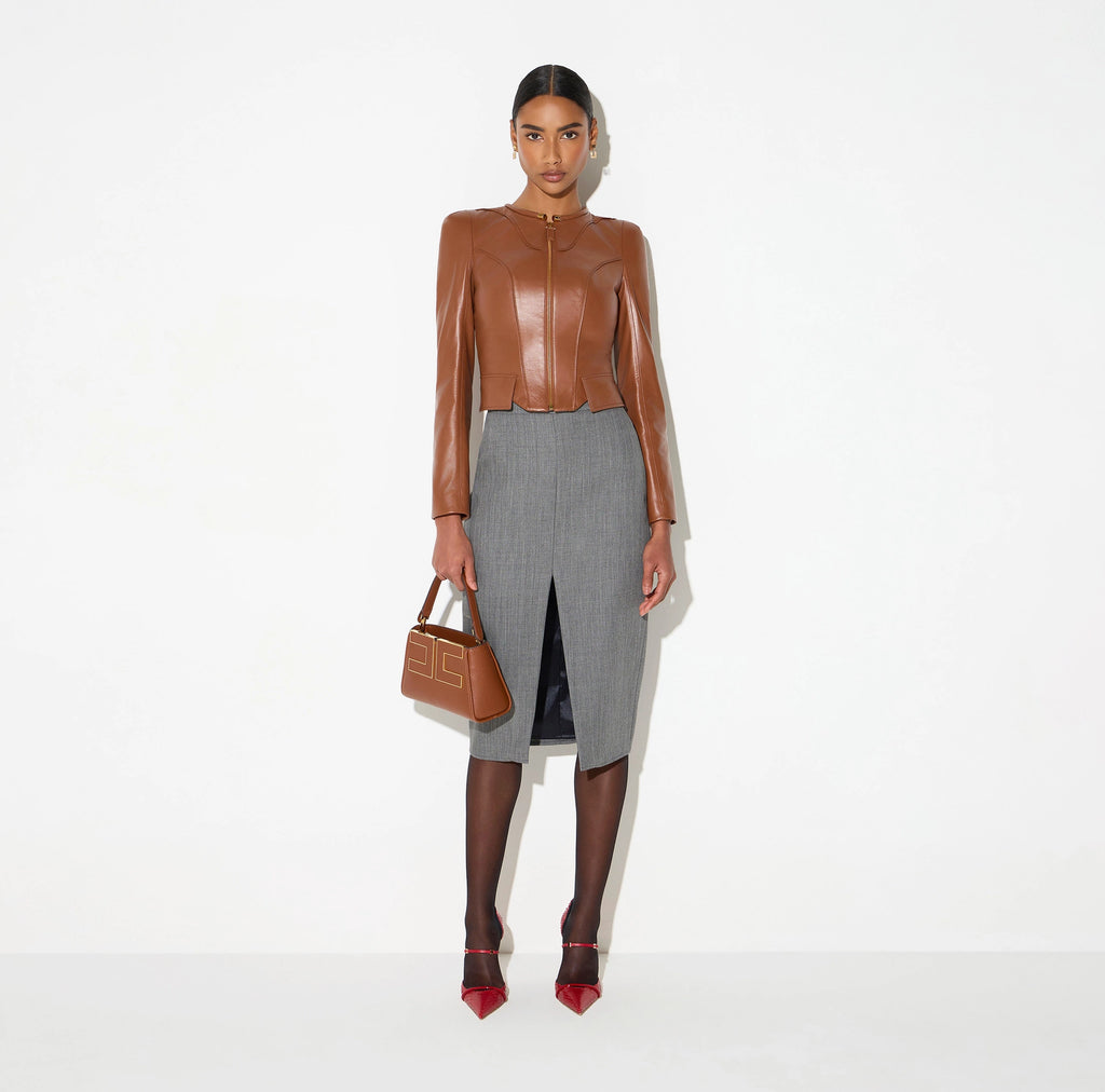 Brown leather short jacket