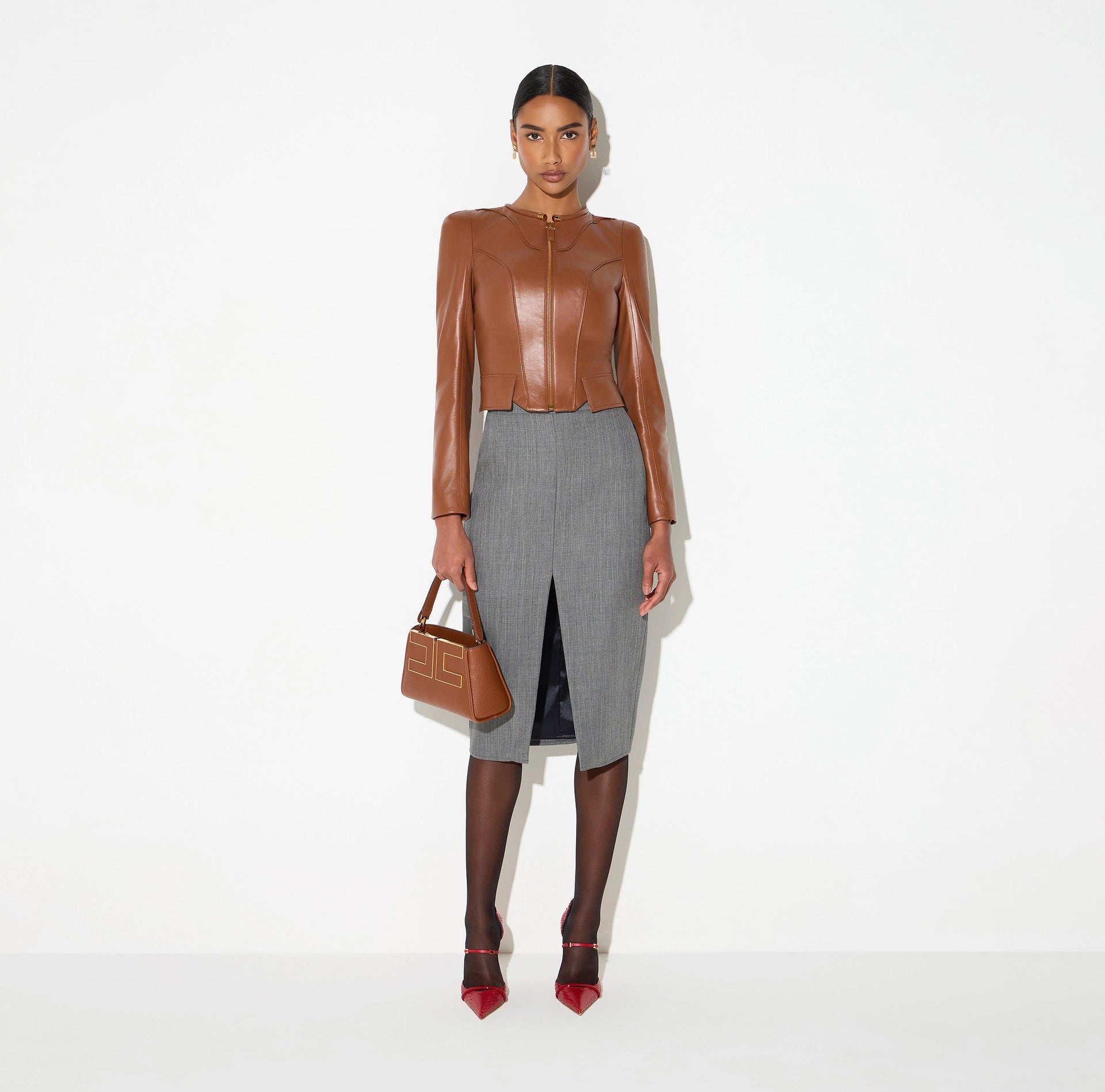 Brown leather short jacket