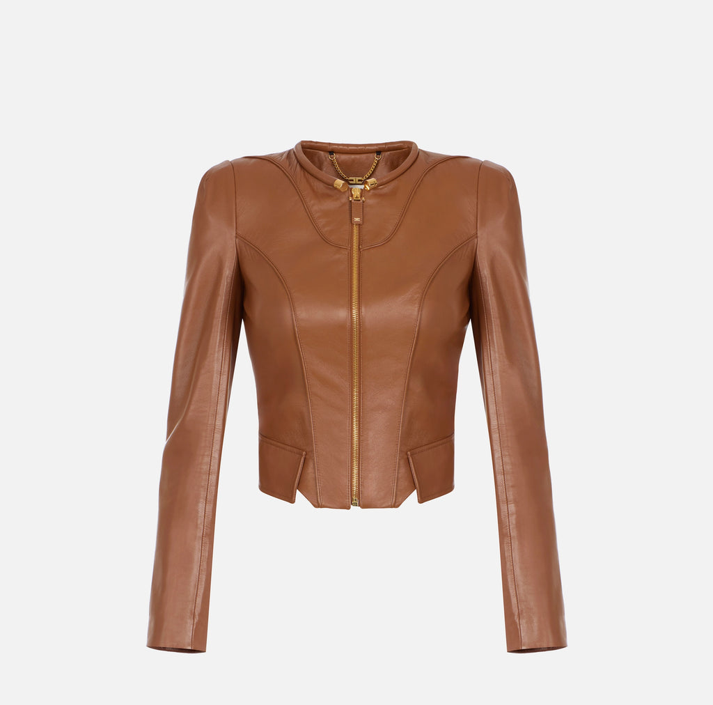Brown leather short jacket