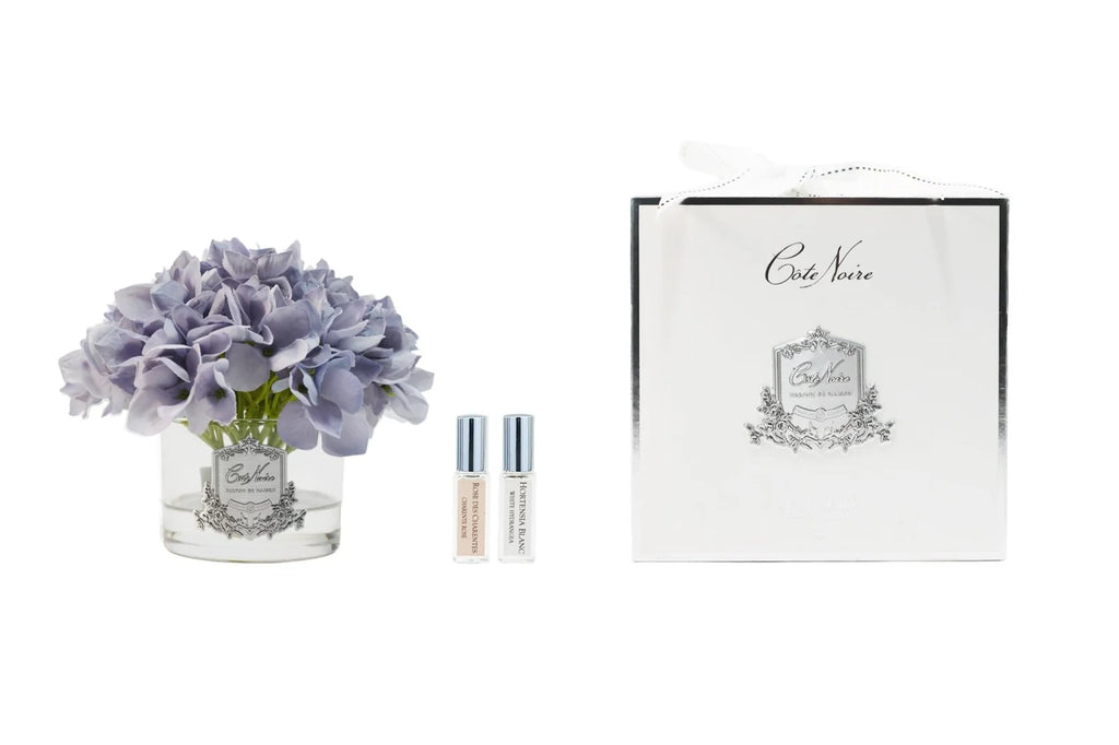 Blue hydrangea diffuser in a clear glass